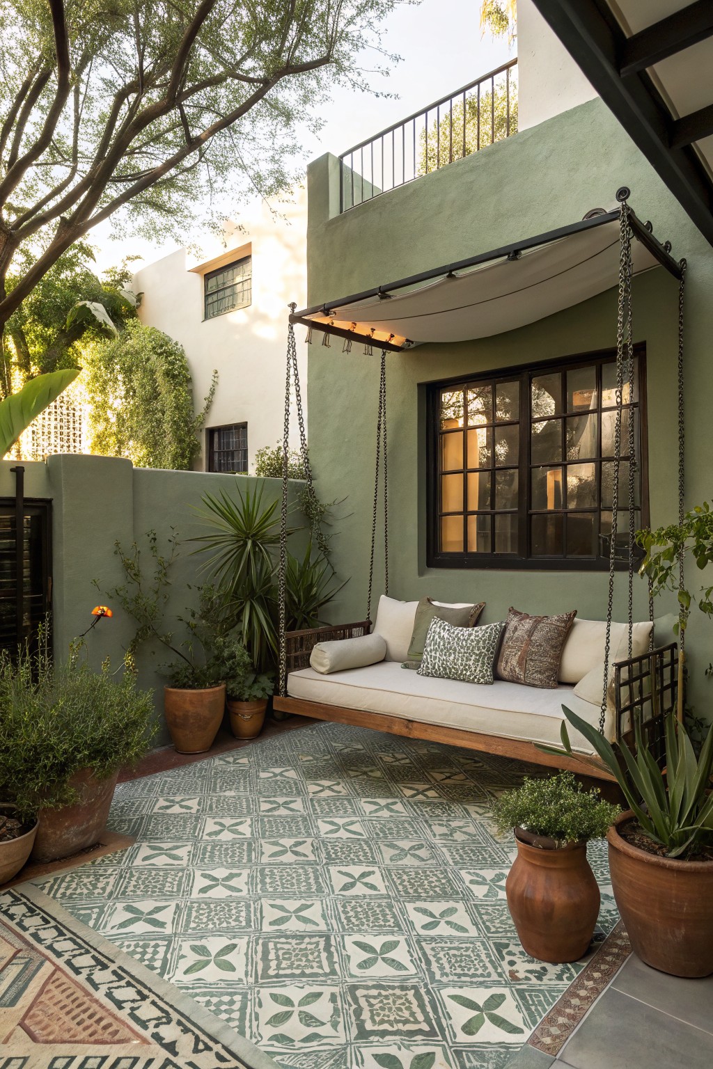 Hanging swing bed with white cushions and pillows on a covered green stucco patio surrounded by potted plants and agave, with patterned green and white tile flooring.