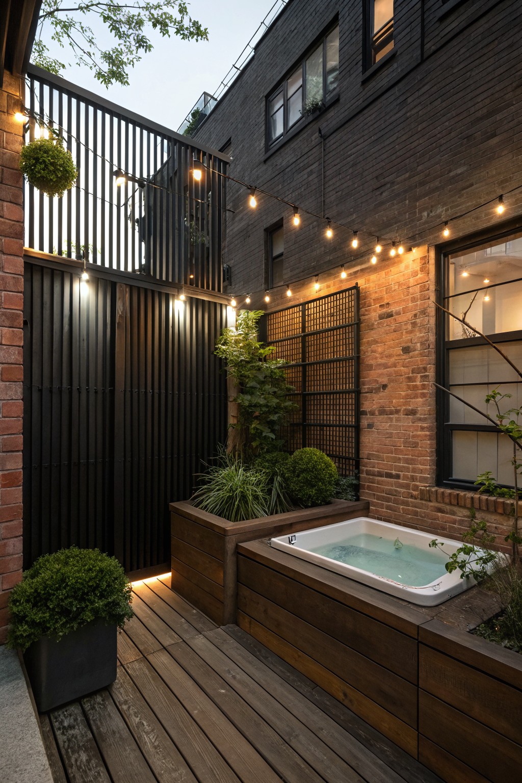 A backyard deck with a raised hot tub in a wooden planter surround, flanked by black slat privacy screens, potted plants, string lights, and a brick wall.