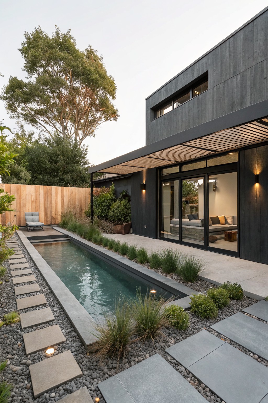Modern black house with glass doors and covered patio overlooking a long narrow pool surrounded by stone pavers, gravel paths, tall grasses, shrubs, and a wooden fence with trees beyond.