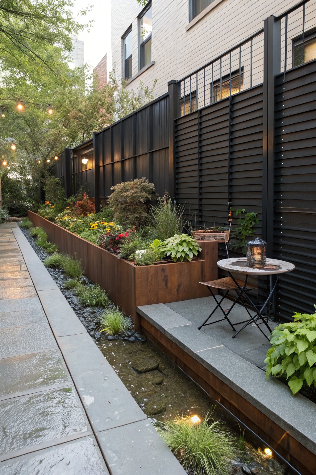 Narrow paved pathway in a backyard beside a slim water channel with flowing water, edged by grasses and stones, raised wooden planters with colorful flowers against a tall black metal fence, string lights overhead, and a small table with chairs nearby.