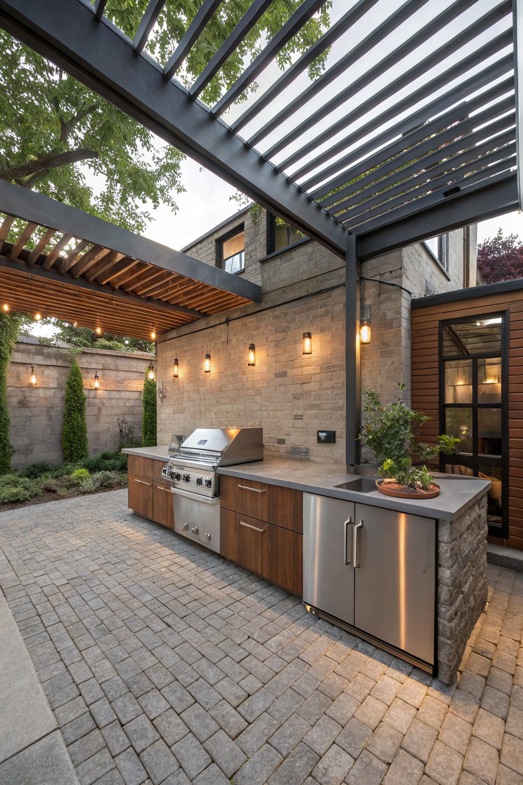 Black metal pergola with wooden slats covers a modern outdoor kitchen featuring a built-in grill, stainless steel counters, and cabinets on a gray paver patio next to a brick wall with wall lanterns and string lights.