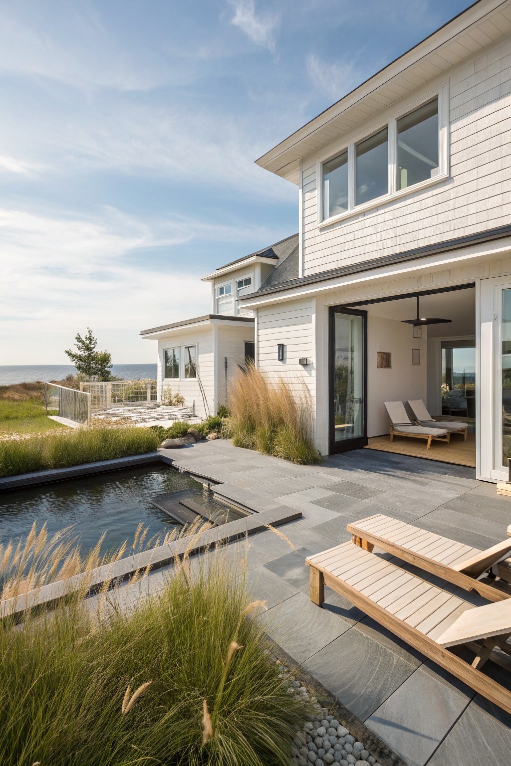 White modern house with large open sliding glass doors to a dark slate patio holding two teak lounge chairs, a small rectangular pool, tall ornamental grasses, pebble accents, and a bay view.