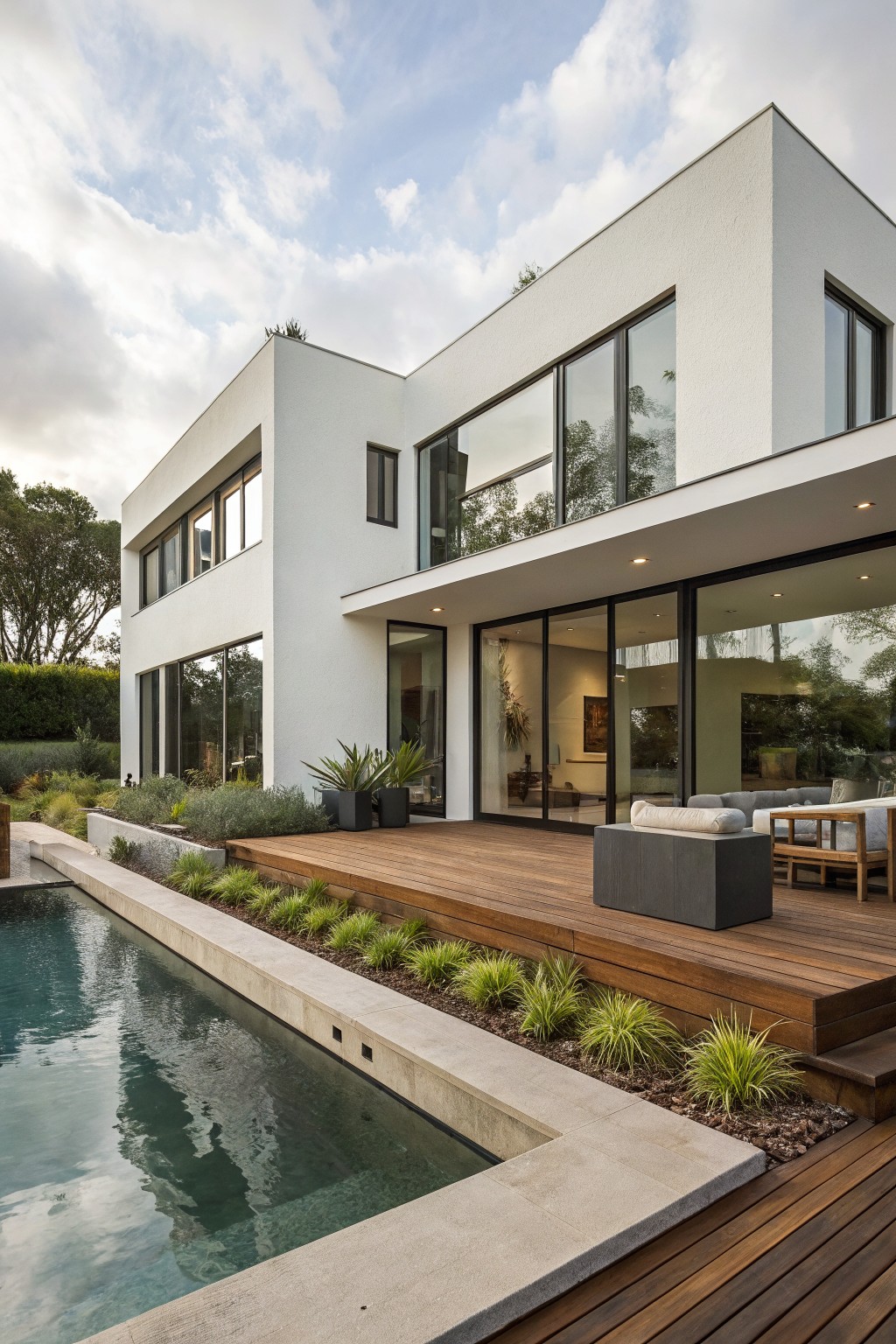 White modern house with large glass walls and doors opening to a wooden deck with seating, adjacent to a rectangular pool with concrete edging and surrounding grasses and plants.