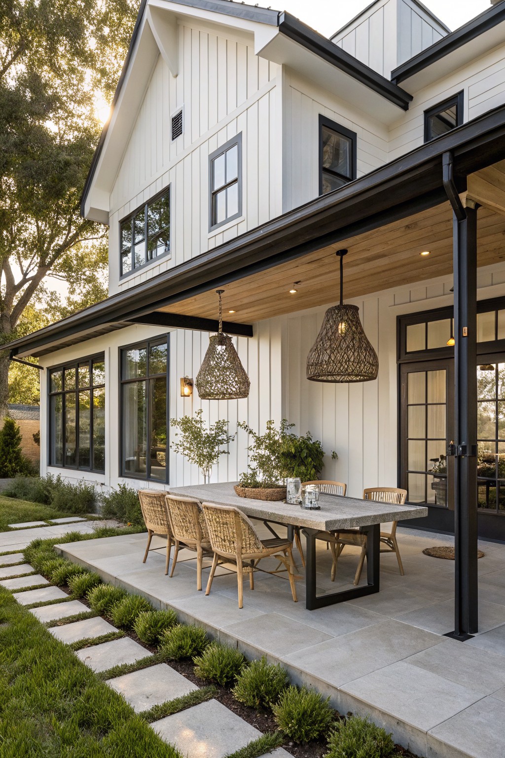 White board-and-batten house with black-framed windows and doors opening to a covered concrete patio holding a long wooden table with rattan chairs and hanging basket lights, edged by grass and paver path.