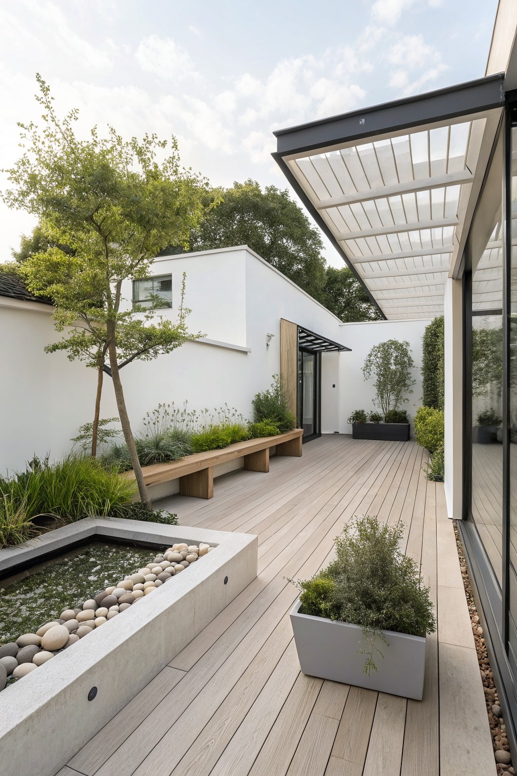 Modern backyard patio with light wood deck, rectangular pebble-lined water basin at the edge, built-in wooden bench against white stuccoed wall, potted plants, small trees, and slatted overhead canopy.