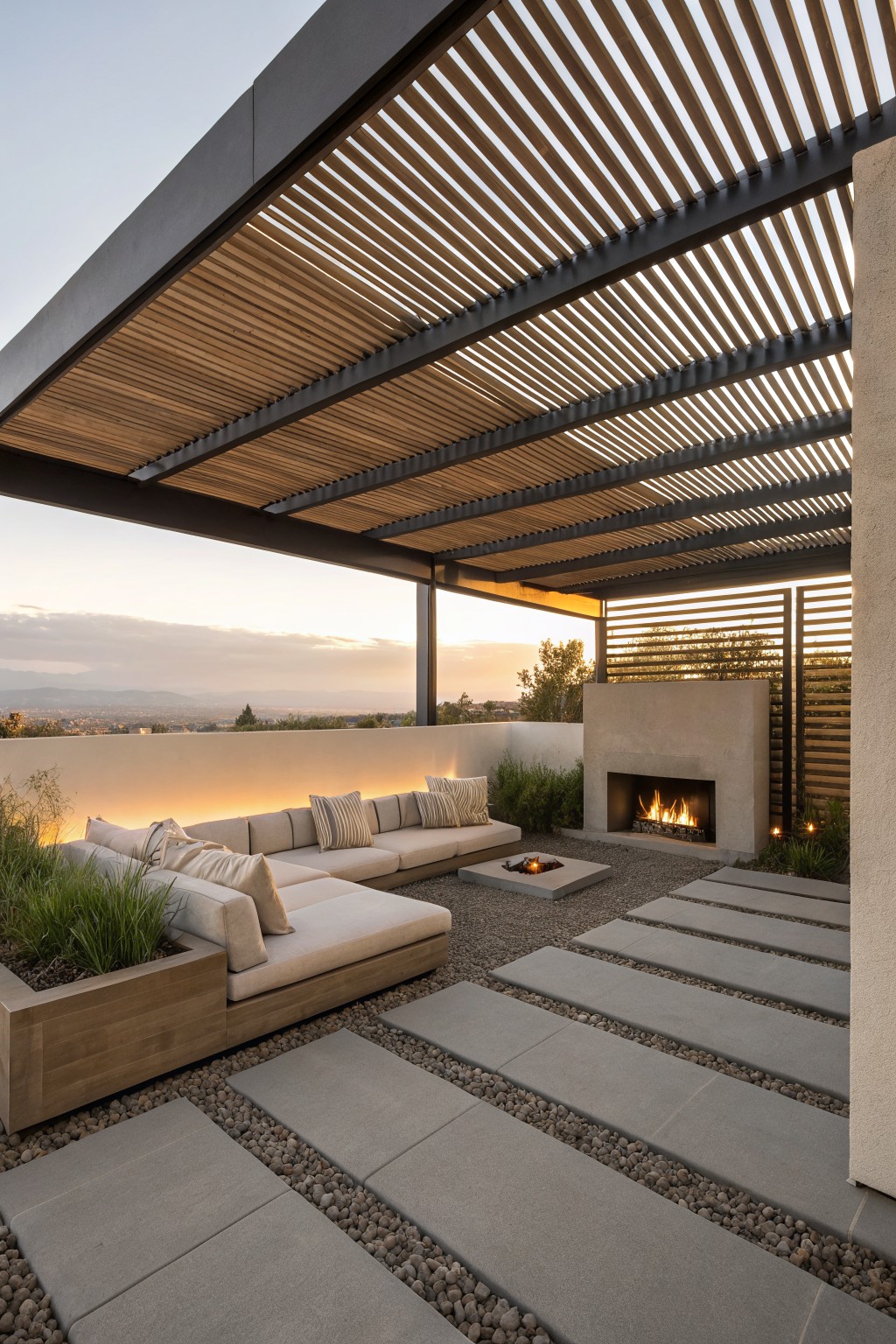 Rooftop terrace with black metal and horizontal wood slat pergola over white L-shaped sofa, stone fire pit, concrete pavers, and potted plants against a sunset skyline.