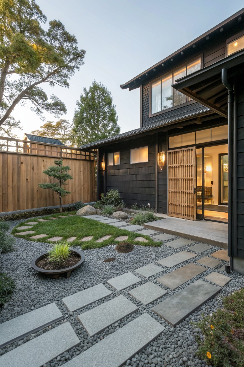 Exterior view of a black-sided modern house with shoji screen doors and a backyard gravel area containing irregular stepping stones, grass patches, rocks, and plants leading to the entry.