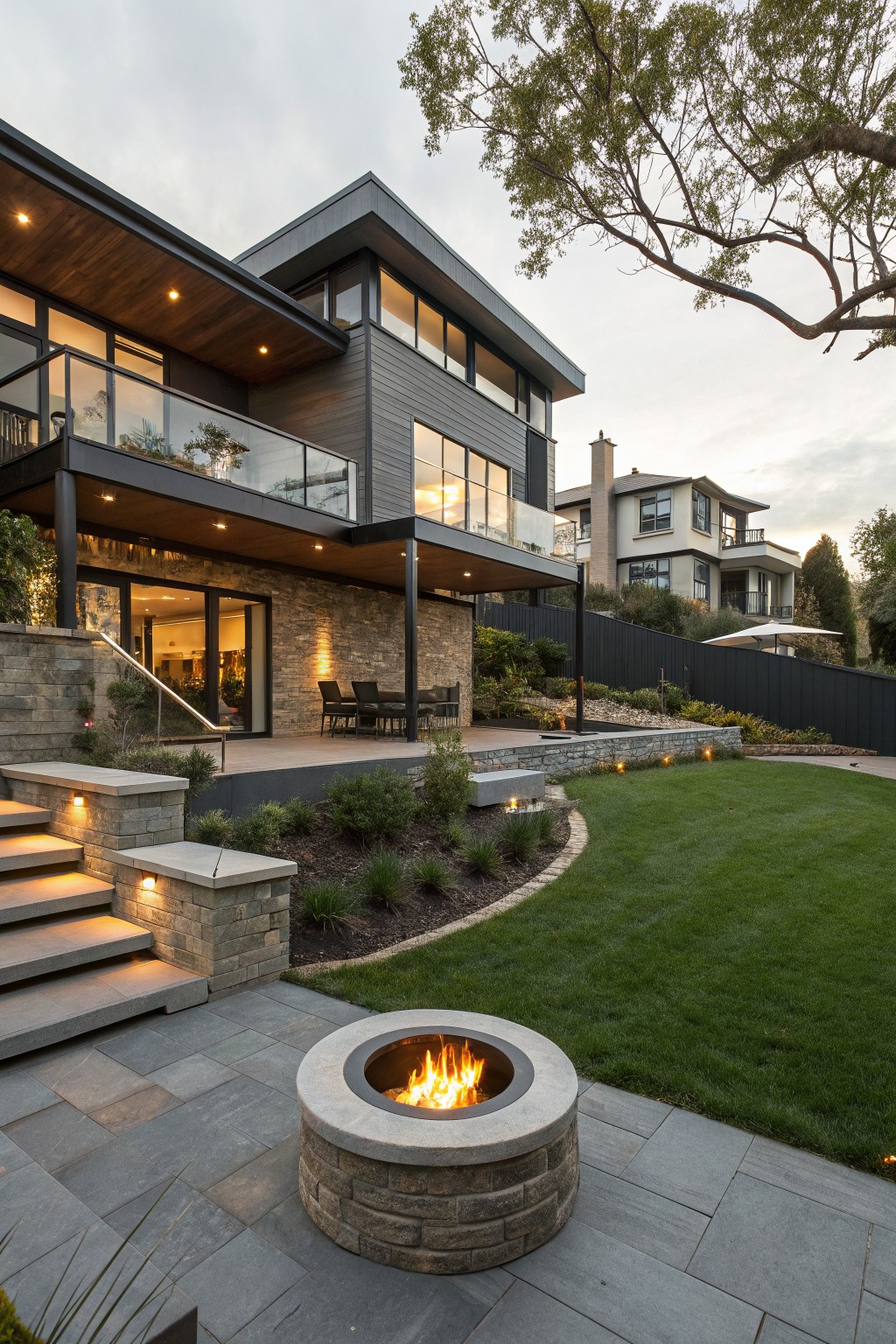 Rear exterior of a modern two-story house with dark siding, wood accents, large windows, deck with seating, stone steps to a circular stone fire pit on gray slate pavers, grass lawn, shrubs, and trees under a cloudy sky.