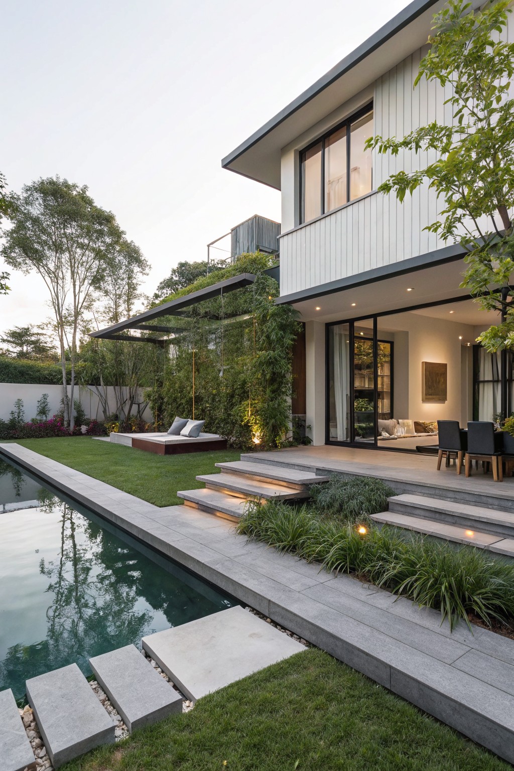Modern backyard with a long rectangular pool, broad light gray concrete steps rising through grass and plantings to an elevated wooden patio deck furnished with dining table and chairs, next to a house featuring large glass doors and vertical greenery.