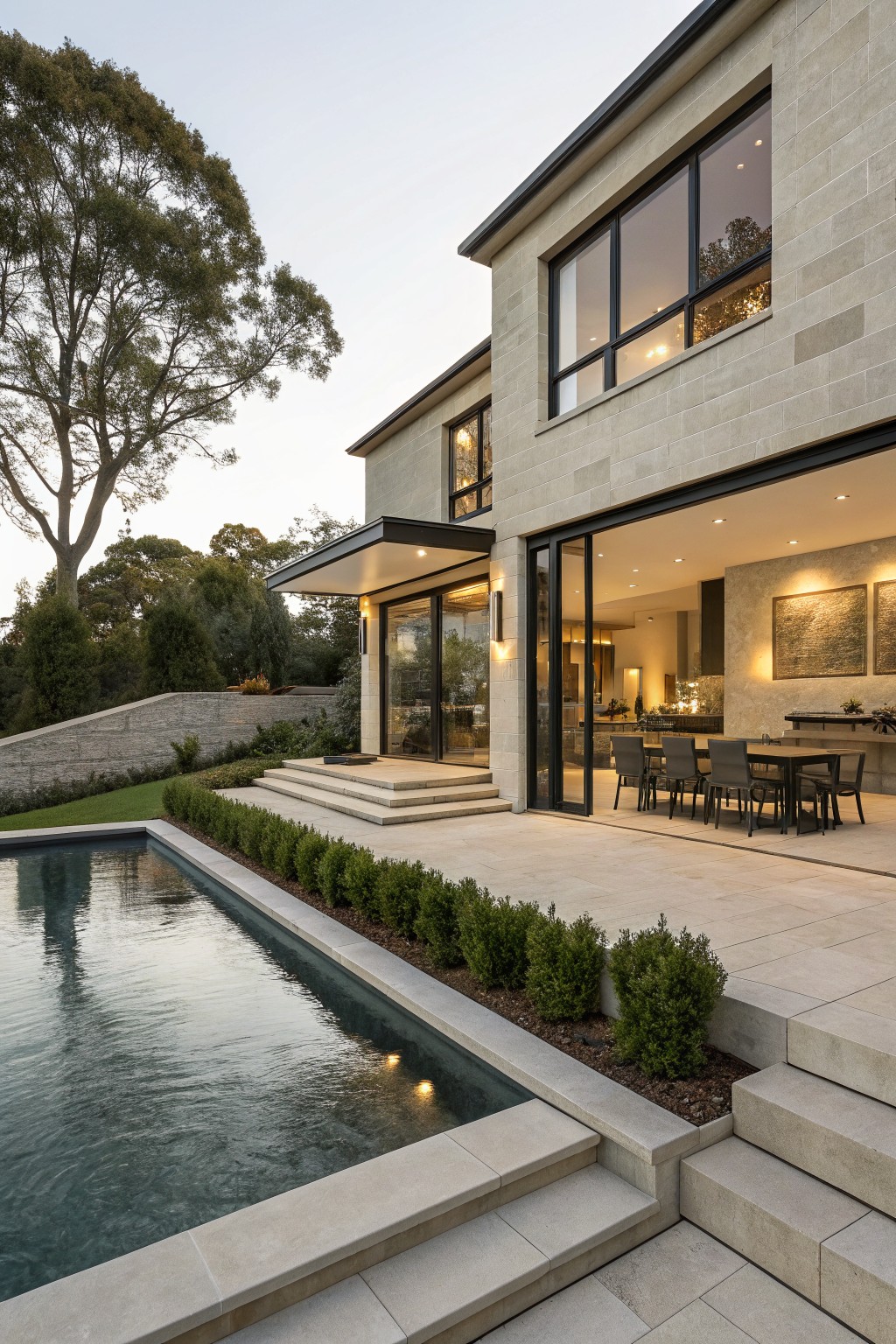 Beige stone modern house exterior with large sliding glass doors opening from the living area to a raised patio, wide stone steps descending to a rectangular pool edged in stone, flanked by low green hedges, large trees in background at dusk.