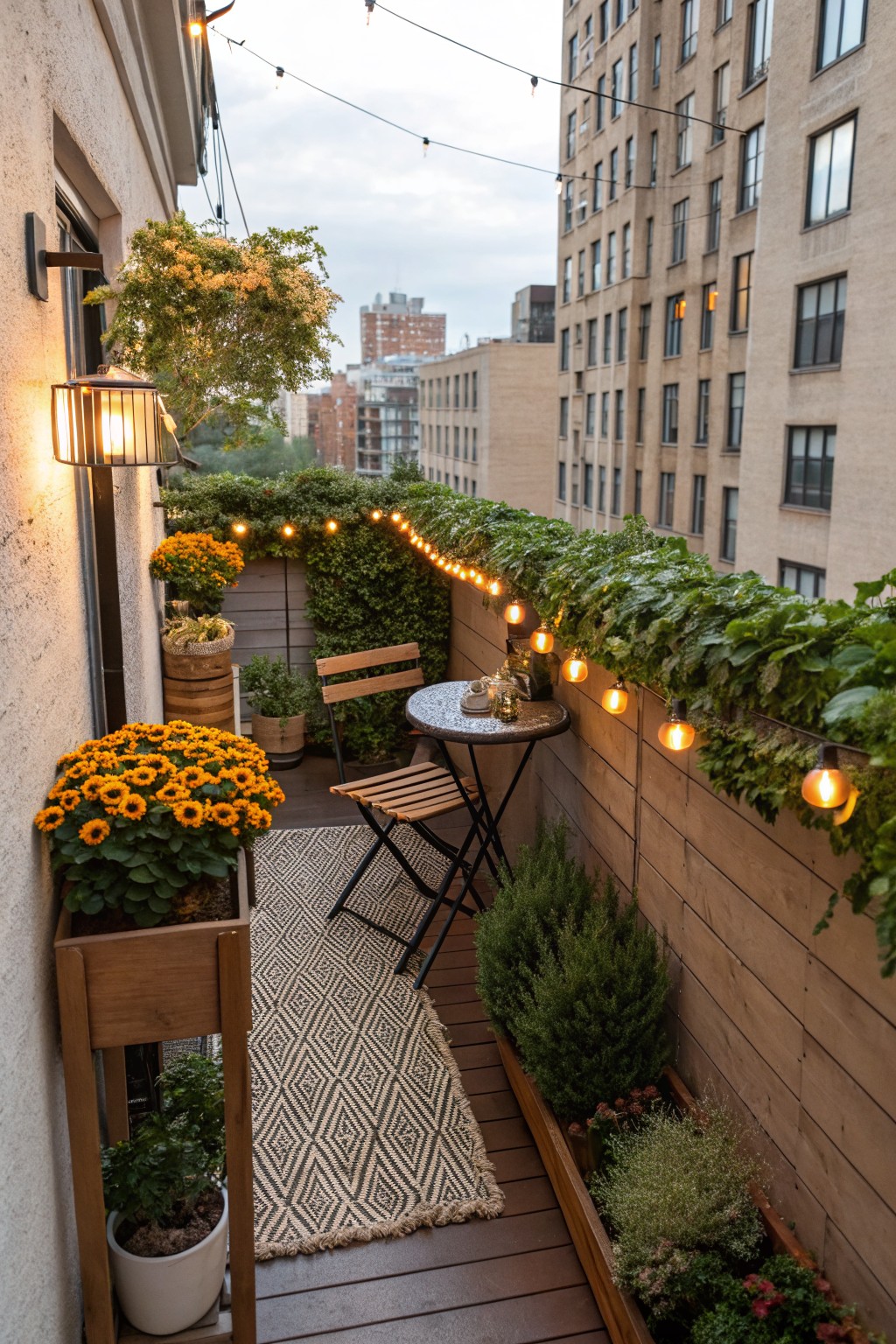 Small urban balcony with orange chrysanthemum plants in pots, wooden privacy panels, string lights along the railing, a round bistro table with two chairs, and various potted greenery on a wooden deck.