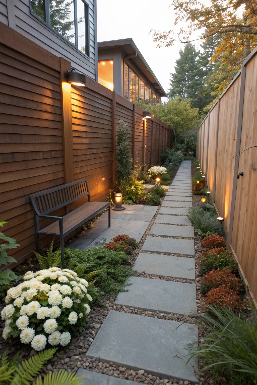 Narrow backyard pathway of irregular gray stone pavers lined with white chrysanthemum clusters, ferns, low shrubs, and gravel, featuring a black metal bench against a wooden fence, bollard lights, and wall-mounted lights beside a modern house exterior.