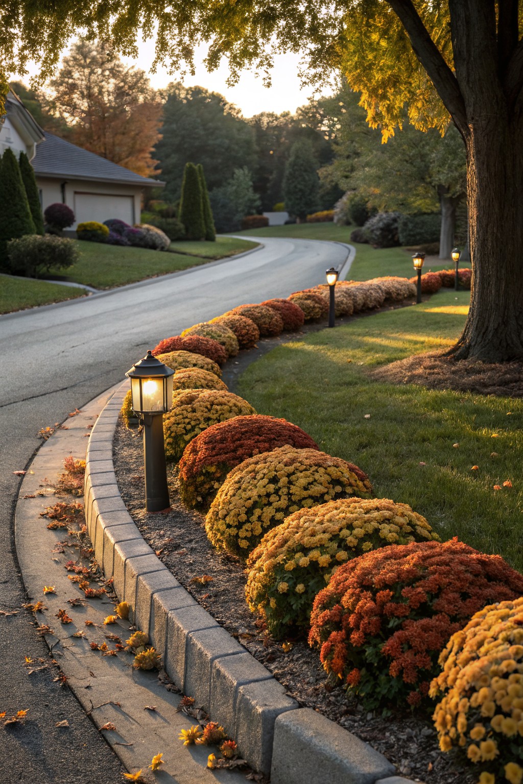 Curved residential road with stone curb edged by dense chrysanthemum bushes in orange, yellow, and red, accented by black lampposts, green lawns, trees with fall leaves, and houses in the background at sunset.