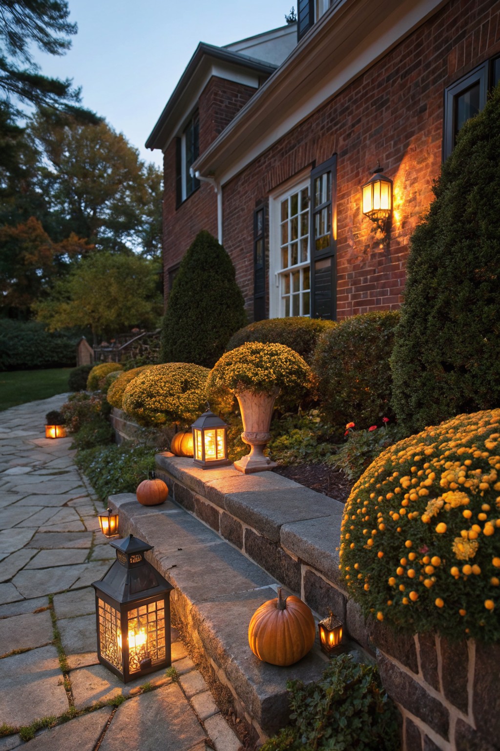 Brick house exterior at dusk with stone pathway and steps leading to the entry, bordered by yellow chrysanthemum clusters, pumpkins, lanterns, and evergreen shrubs.