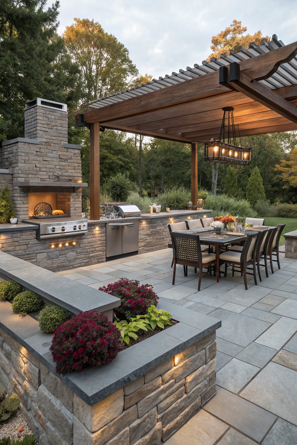 Wooden pergola-covered outdoor patio with stone fireplace, built-in grill and kitchen counters, wooden dining table and chairs, low concrete planters with purple flowers, and surrounding trees and lawn.
