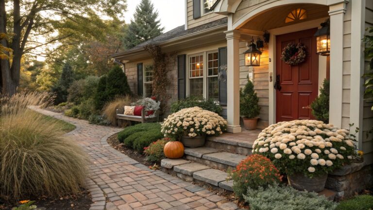 Brick pathway curving through front garden beds filled with white chrysanthemum bushes and orange pumpkins, leading to steps and red front door of a shingled house with fall plantings.