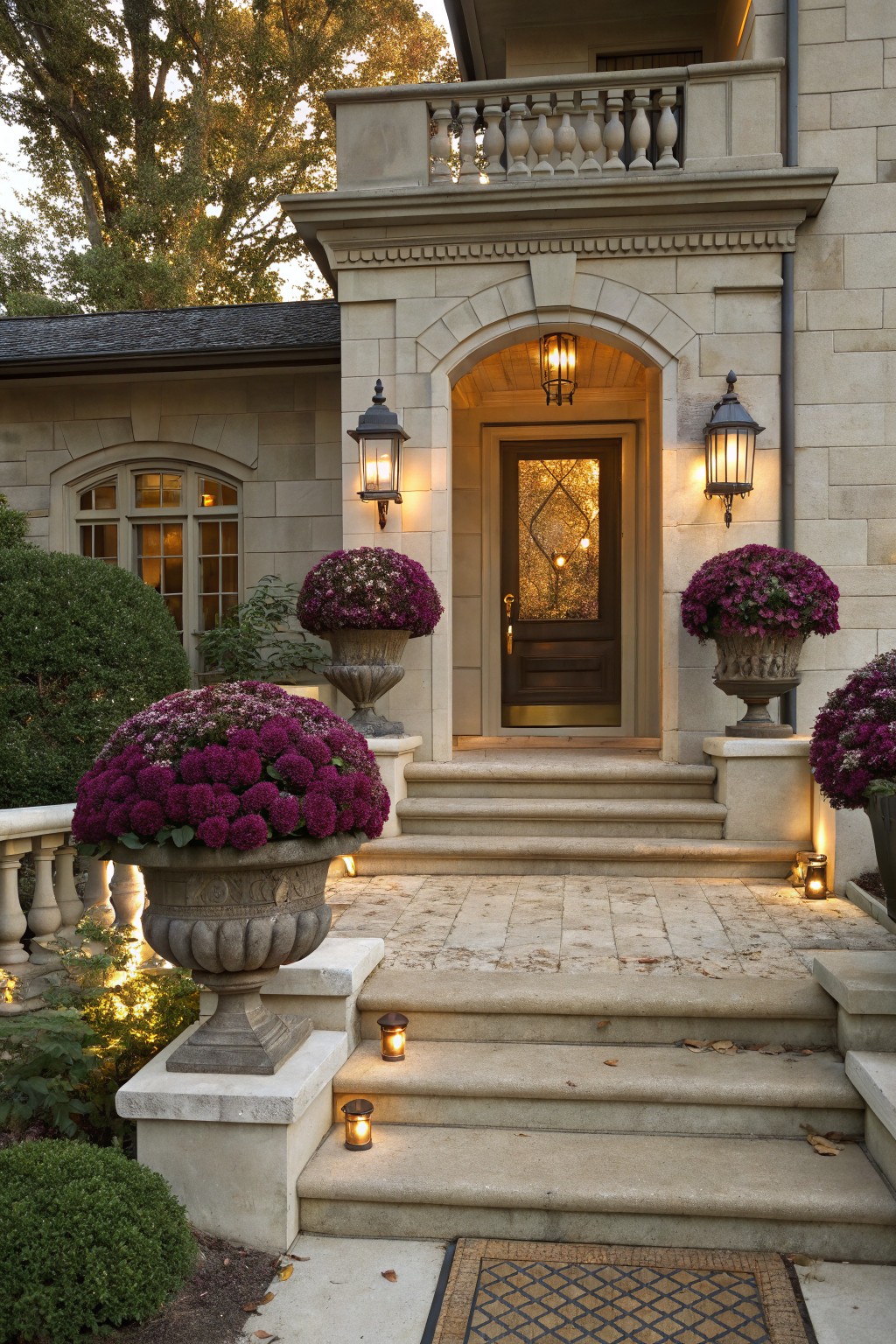 Beige stone house facade with arched entry, wooden door, flanked by large purple chrysanthemum plants in urns on pedestals, steps lit by lanterns, fall garden with boxwoods.