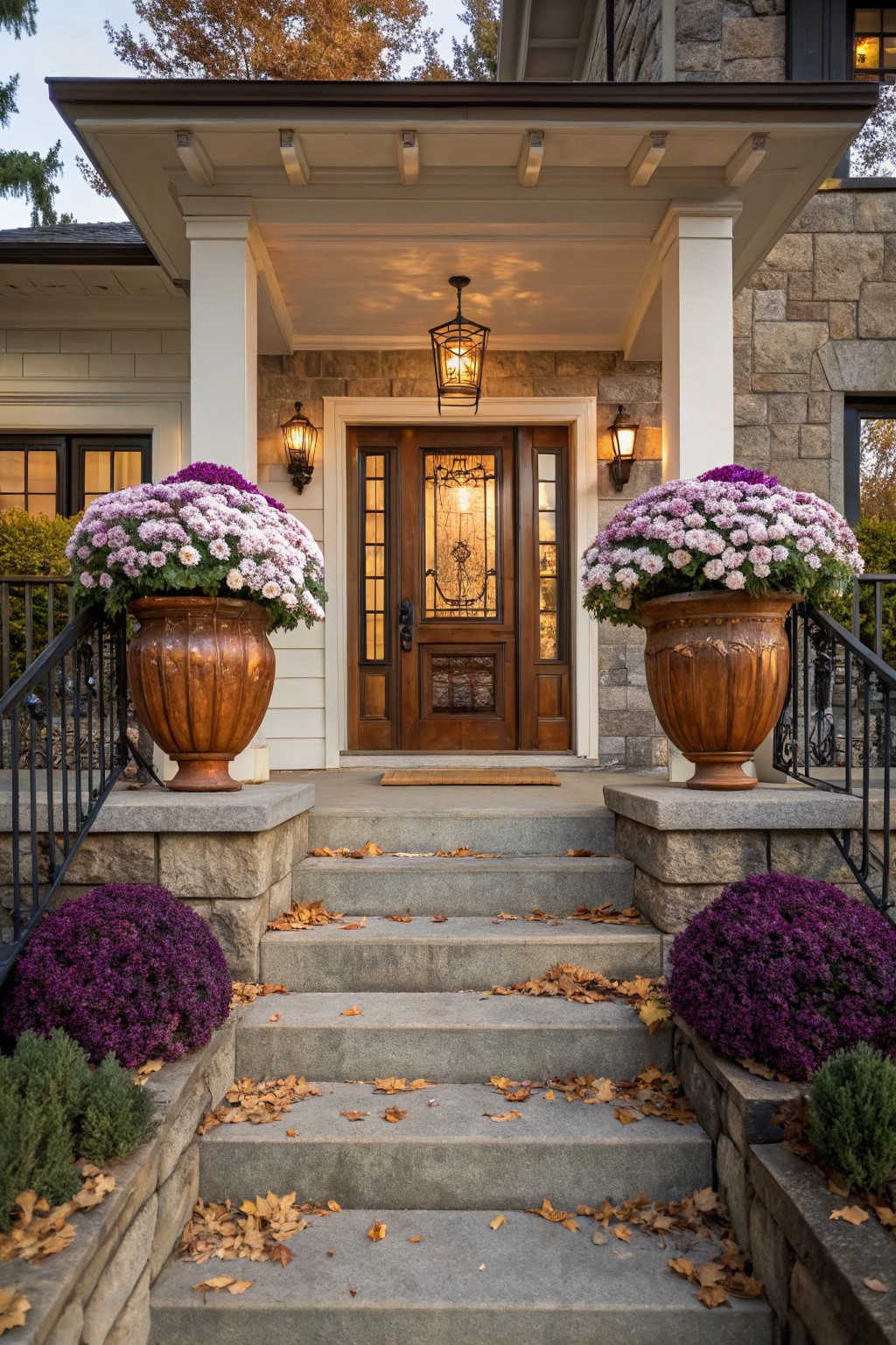 Front porch entrance of a stone and clapboard house featuring two large terracotta pots filled with purple and white chrysanthemums flanking a glass-paneled wooden door, with smaller purple mums on the stone steps and scattered fall leaves.