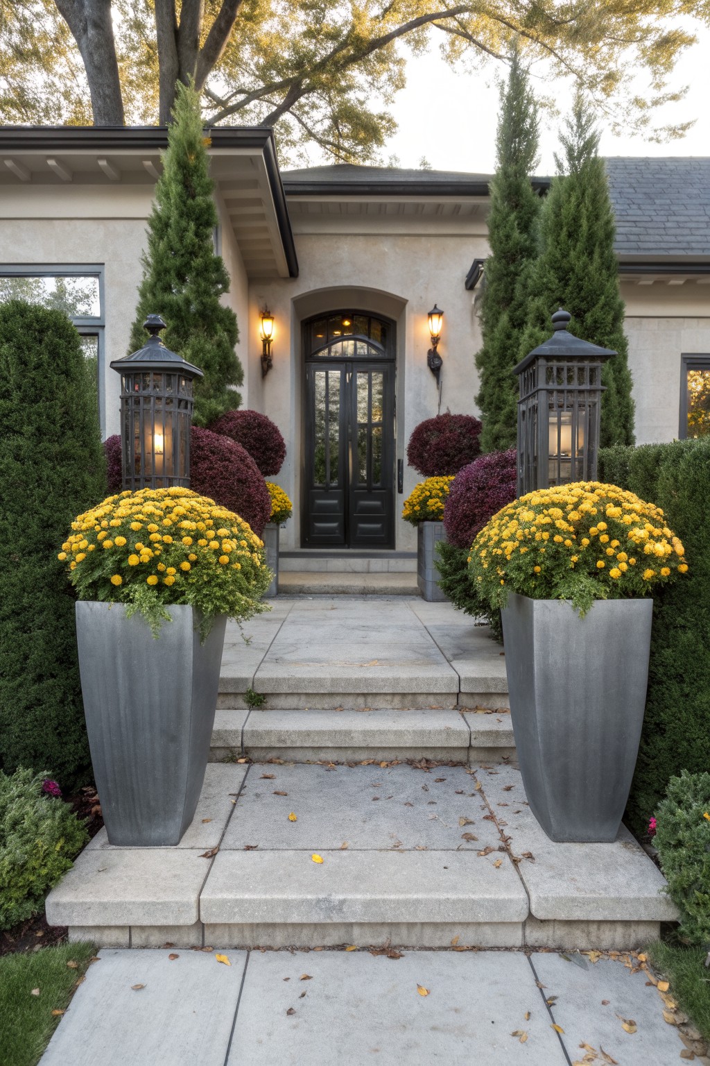 Front entrance of a light stucco house with black arched door and glass panels, flanked by black metal lanterns and large square gray planters filled with yellow chrysanthemum flowers positioned on either side of wide stone steps leading up from a concrete walkway.