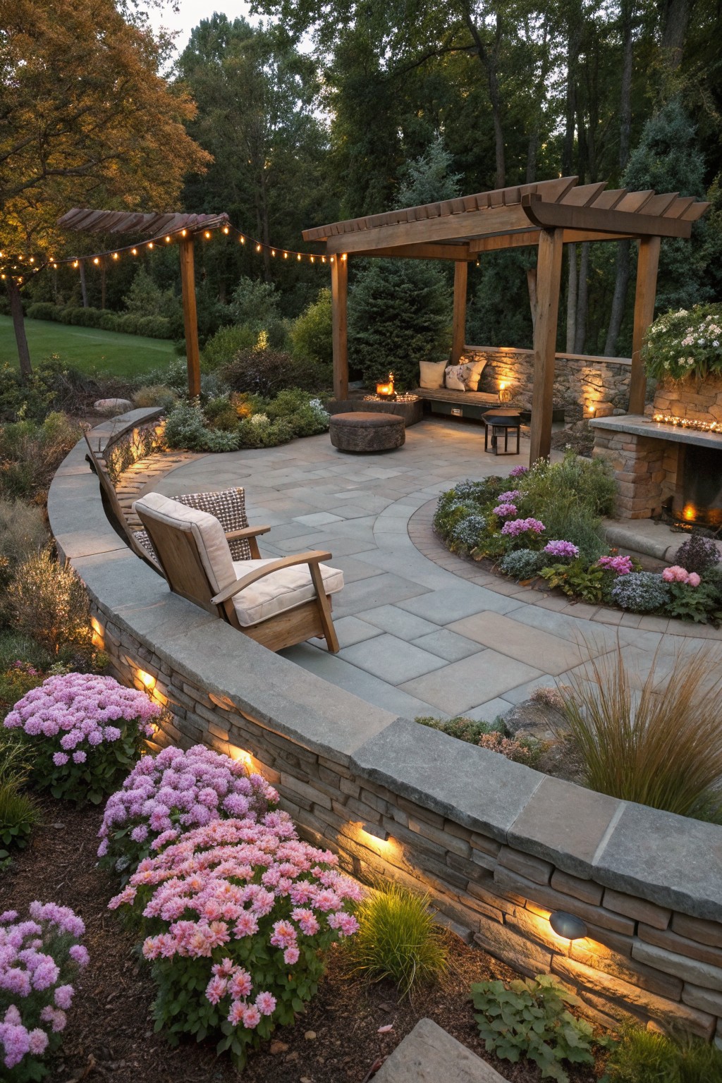 Curved gray stone retaining wall lined with clusters of pink chrysanthemum flowers at the base, bordering a circular bluestone paver patio with built-in benches, a wood pergola, outdoor seating, and a stone fire pit.