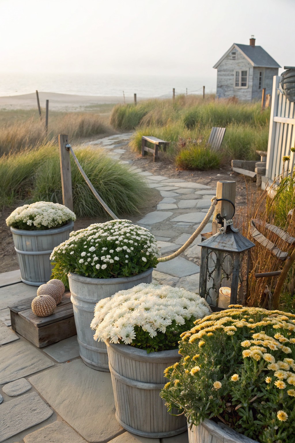 Galvanized metal buckets filled with blooming white and yellow chrysanthemums arranged on a stone path beside tall beach grasses, with a wooden path leading toward ocean dunes and a small shed in the background.
