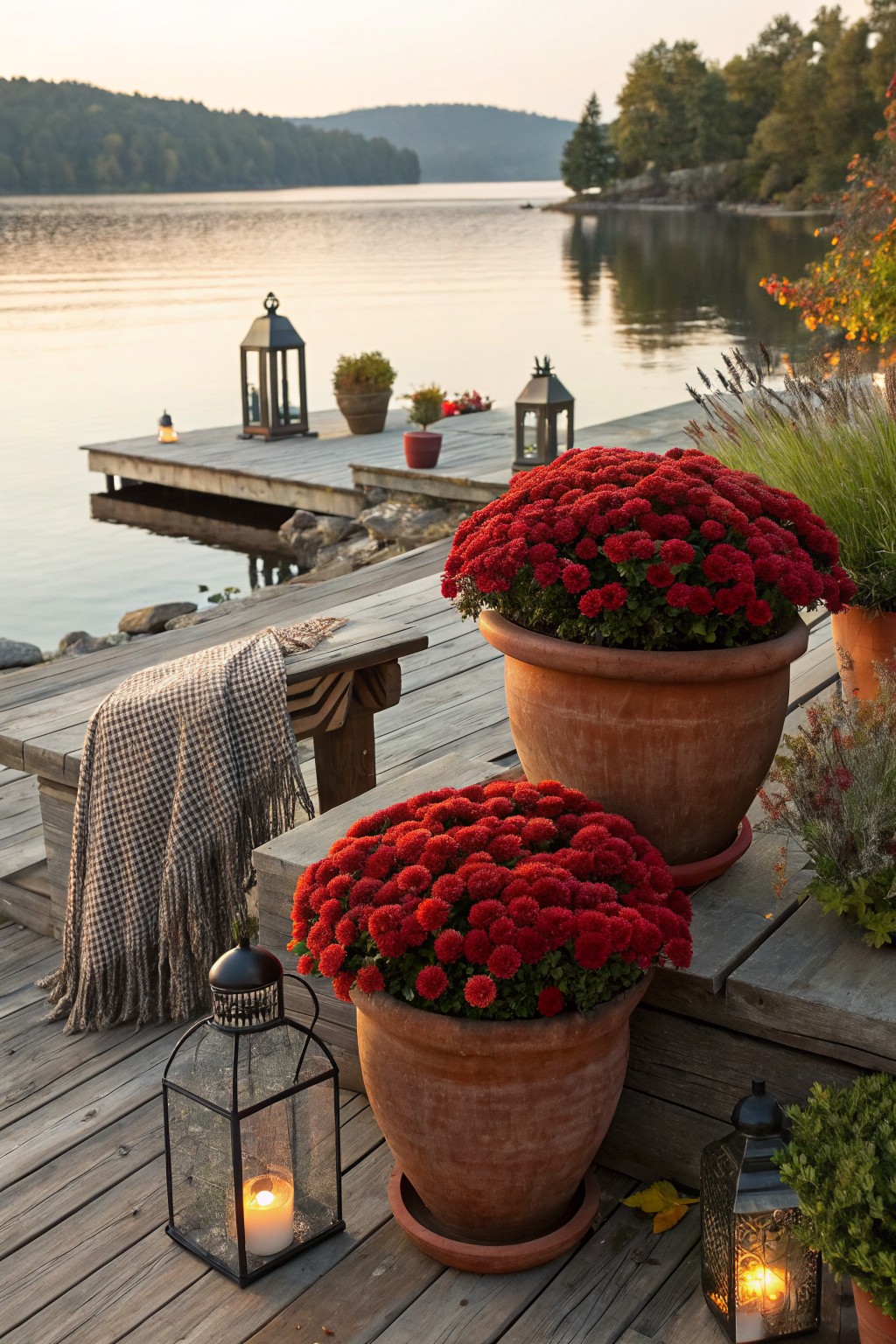 Wooden deck extending toward a lake at dusk, featuring large terracotta pots of red chrysanthemum flowers, metal lanterns with lit candles, a bench draped with a checkered blanket, and potted plants amid fall foliage.