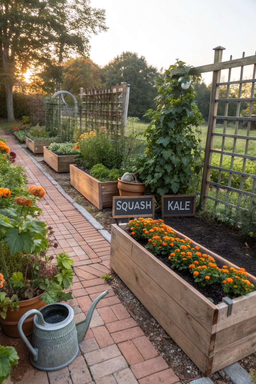 Wooden raised garden beds along a brick path planted with squash, kale, orange flowers, and other plants, with trellises, fences, and a metal watering can in a backyard at sunset.