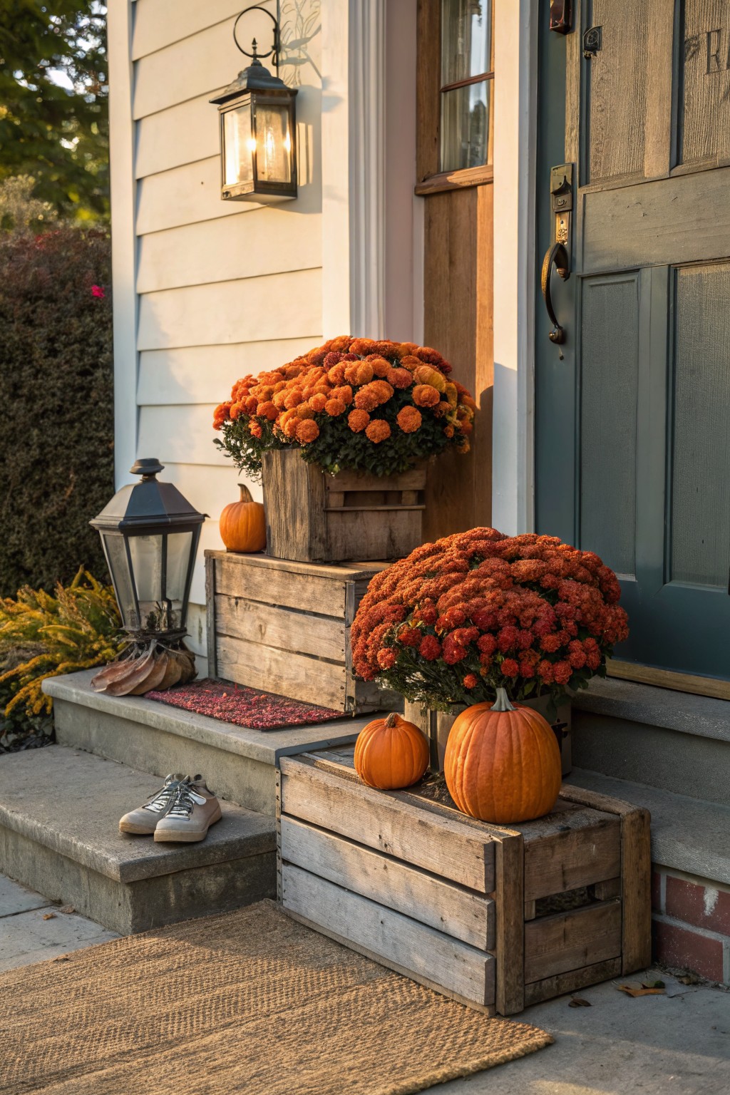 Front porch steps with stacked wooden crates filled with orange chrysanthemum plants and pumpkins, plus lanterns, shoes, and rugs next to a green wooden door.