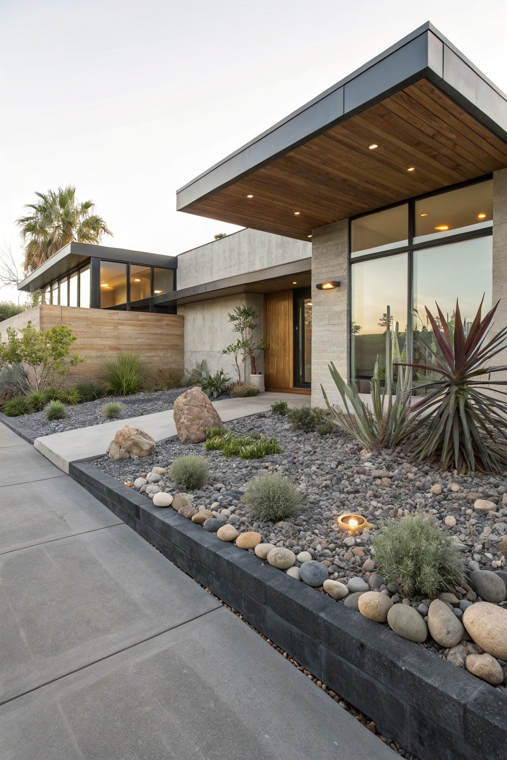 Modern house exterior featuring a concrete driveway bordered by black stone edging with gravel, mixed-size rocks, large boulders, and drought-tolerant plants including agaves and palms.