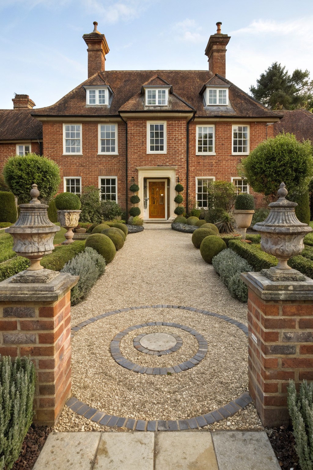 Symmetrical brick house entrance with circular gravel pathway edged in brick, flanked by boxwood hedges and stone urns on brick piers.