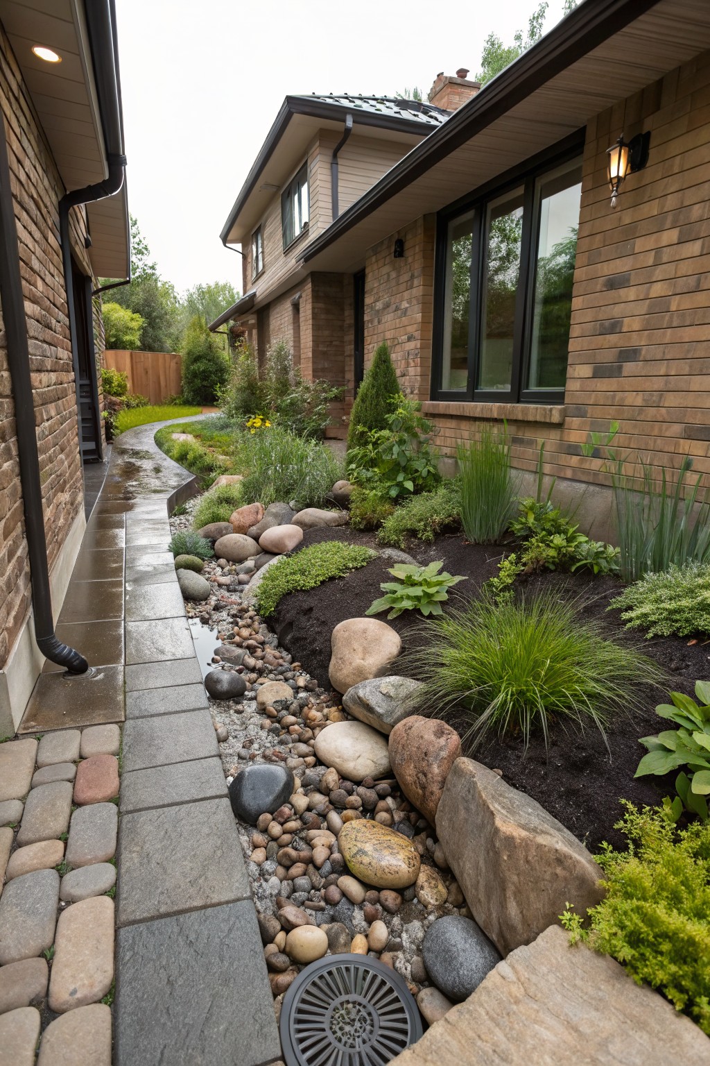 Paved walkway along brick house walls, bordered by rock-filled dry creek bed with boulders, gravel, plants, and drainage grate in wet weather.
