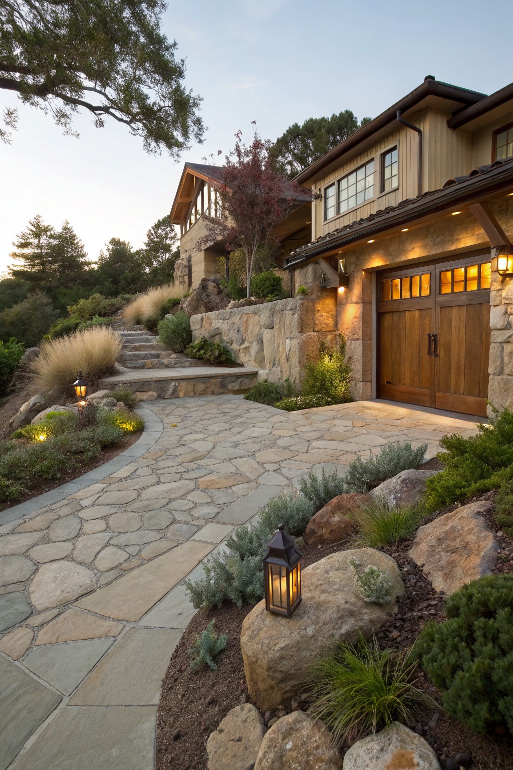 Curved flagstone pathway edged with large boulders, ornamental grasses, succulents, and lanterns leading to a wooden garage door on a house with stone retaining walls, surrounded by trees and shrubs on a hillside at dusk.