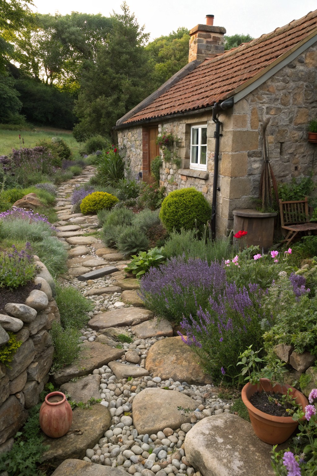 Stone cottage beside a winding garden path made of large irregular stepping stones set into gravel, bordered by lavender plants, low shrubs, rock walls, and potted flowers.
