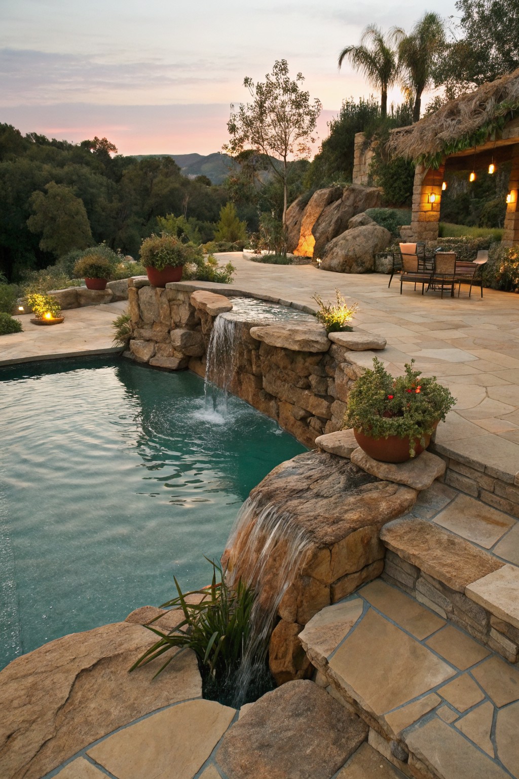 Backyard infinity-edge pool with a multi-tiered natural stone waterfall cascading from rock retaining walls into turquoise water, surrounded by flagstone patio, large boulders, potted plants, outdoor furniture, and hillside landscaping at dusk.