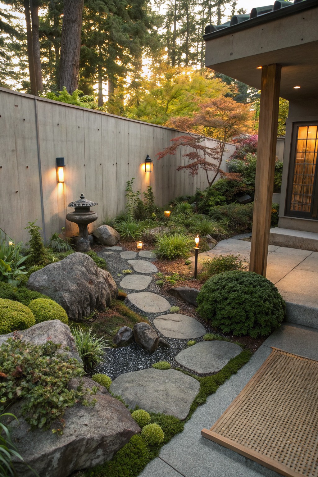 Japanese-inspired backyard garden with large gray rocks, mossy plants, gravel areas, irregular stepping stone path, stone lanterns, and low shrubs leading to a covered wooden porch and house entry against a tall concrete wall.