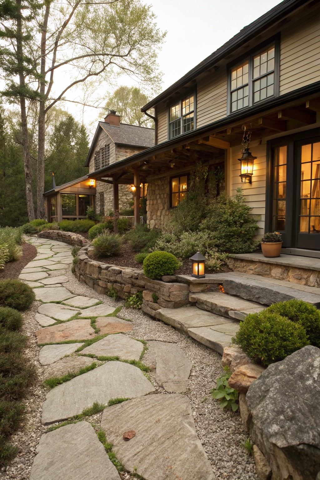 Winding irregular flagstone path bordered by low stone retaining wall, gravel, shrubs, and lanterns leading to stone steps at the entry of a shingle-style house with porch and lit windows.