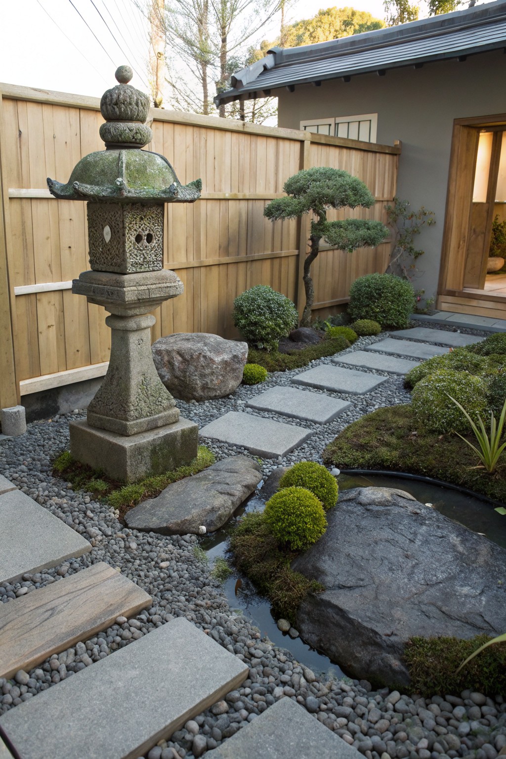 Japanese-style garden with stone lantern, bonsai trees, clipped shrubs, stepping stone path, gravel ground cover, large rocks, and small pond beside a gray house exterior and wooden fence.