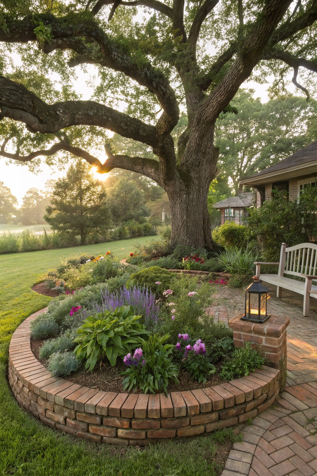 Curved red brick retaining wall forming a circular flower bed around the trunk of a large oak tree, planted with purple lavender, pink flowers, green hostas, and other perennials, next to a white wooden bench, black metal lantern, and brick path in a grassy yard with house in background.