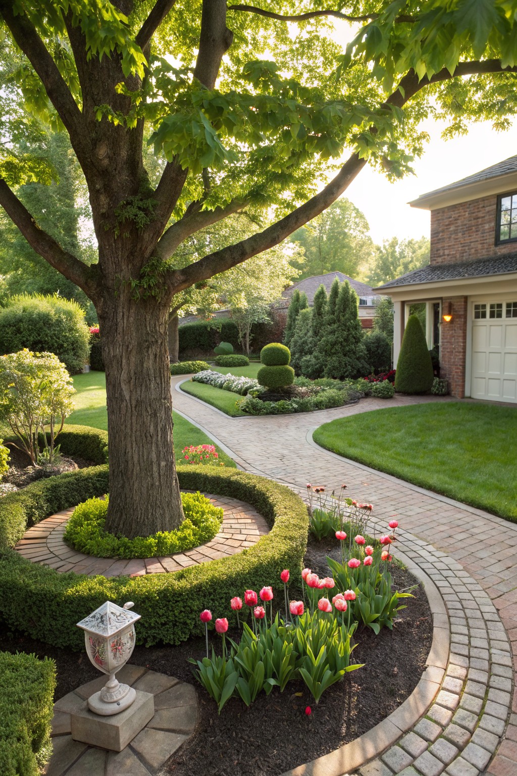 A mature tree encircled by a brick-paved circular bed planted with pink tulips and boxwood hedges, adjacent to a winding brick garden path and lawn near a brick house garage.