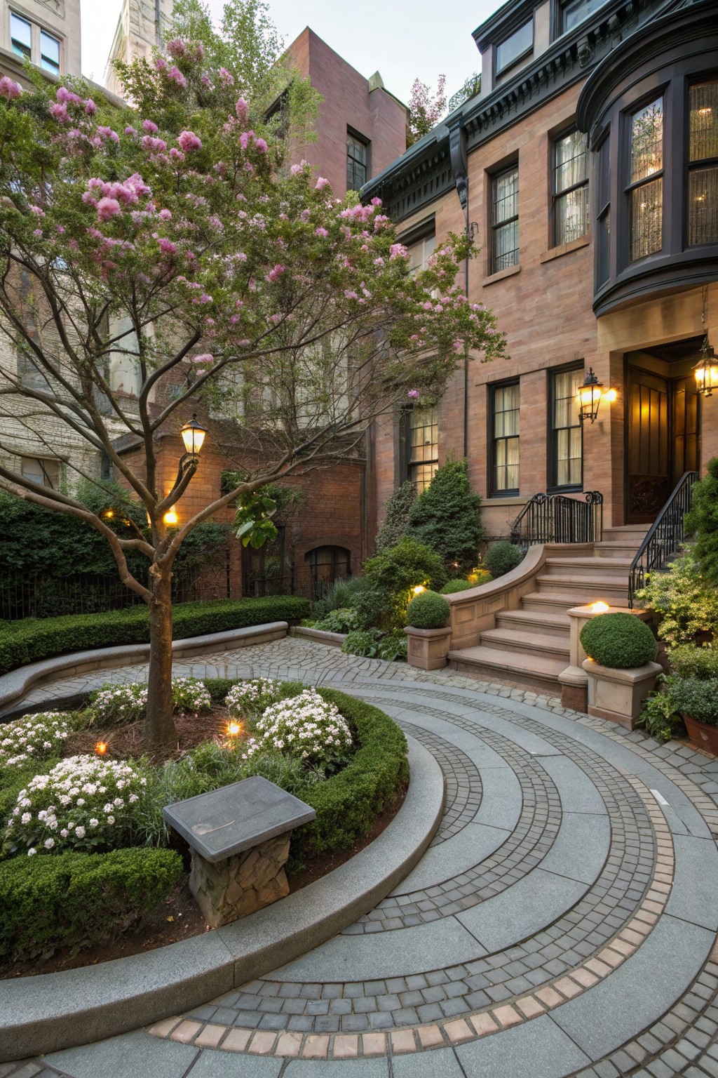 A central tree with pink blossoms surrounded by a circular gray stone pathway edged with white flowers, green shrubs, and boxwoods in a courtyard next to a brick house entrance with steps and lanterns.
