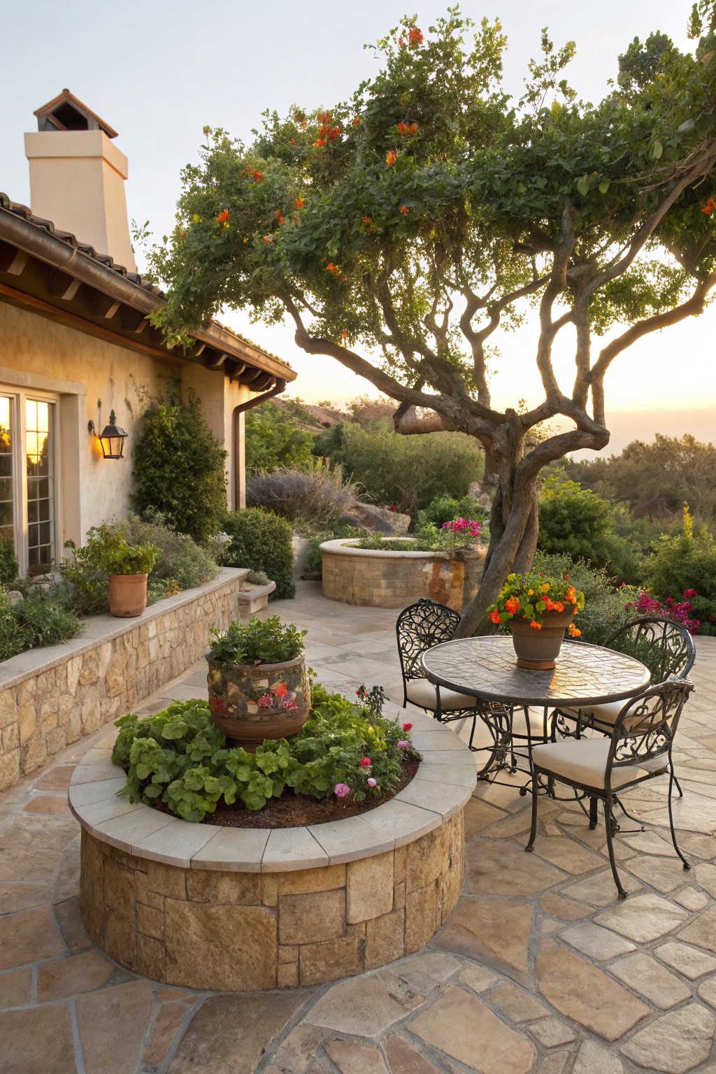 Stone patio with wrought-iron table and four chairs next to a large circular raised planter filled with green leafy plants and pink flowers, beneath a twisted tree with orange blooms, adjacent to a beige stucco house wall and other landscaped beds.