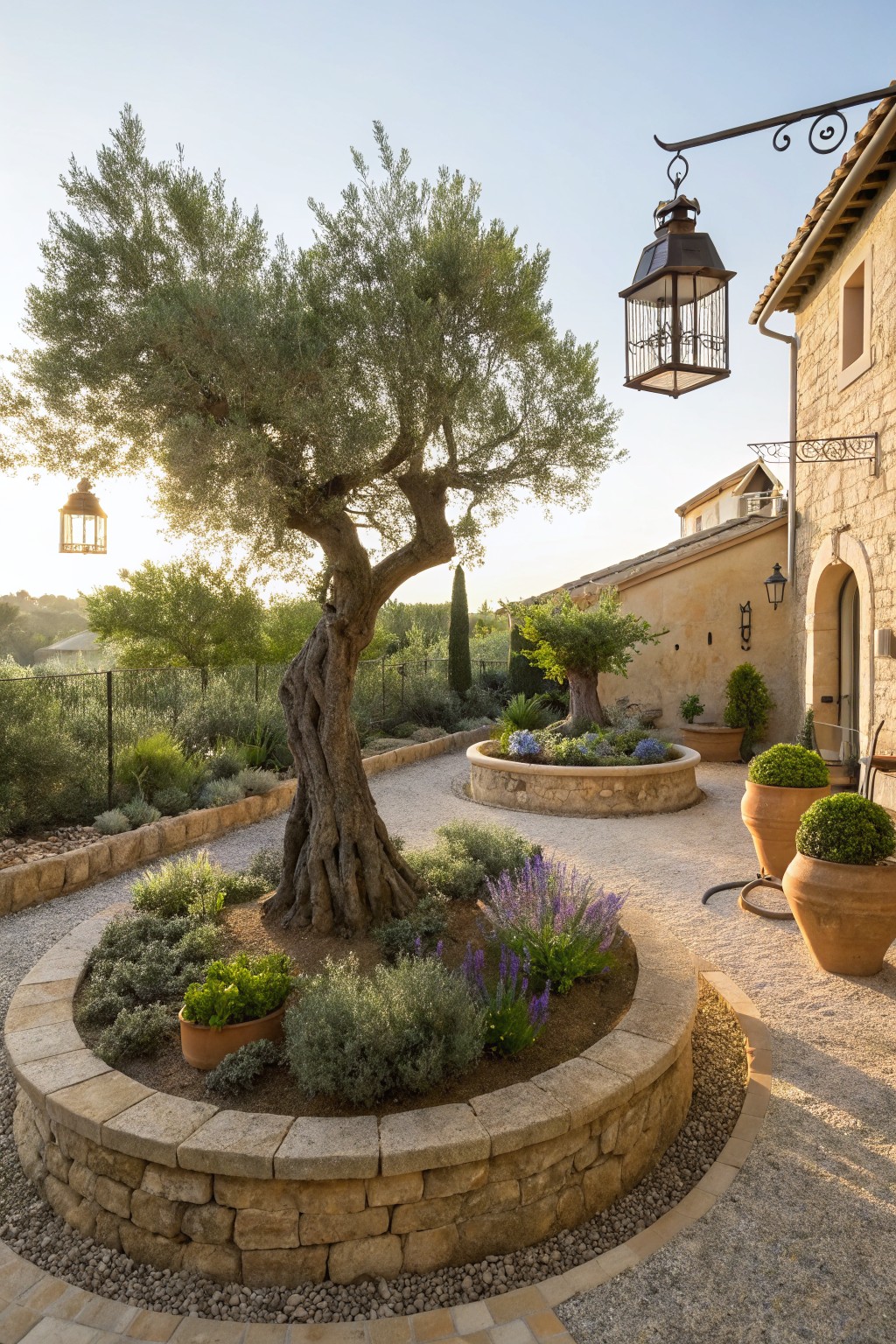 A mature olive tree centered in a circular raised stone bed planted with lavender, low shrubs, and flowers, adjacent to a gravel path and stone house wall with hanging lanterns.