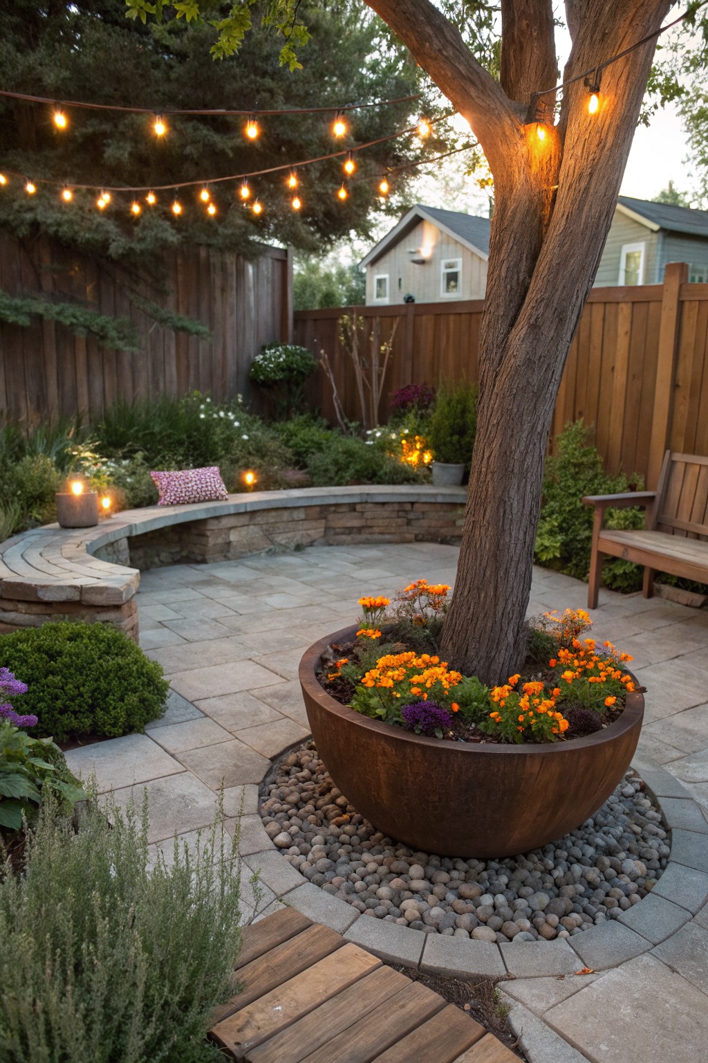 Patio area centered on a large rusted metal planter filled with orange marigolds and purple flowers around a tree trunk, edged with gravel on pavers, curved stone bench nearby, string lights in the tree, lanterns, wooden bench, and surrounding shrubs and hedges.