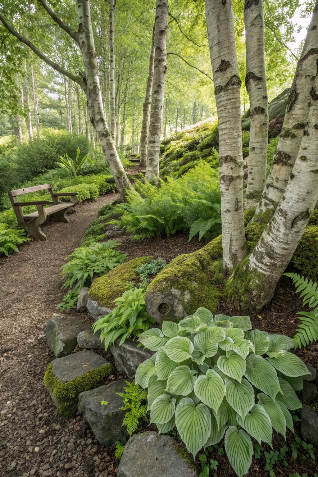A gravel path curves through slender white-barked birch trees surrounded by lush ferns, broad-leaved hostas, moss-covered rocks, and a wooden bench in a green garden setting.