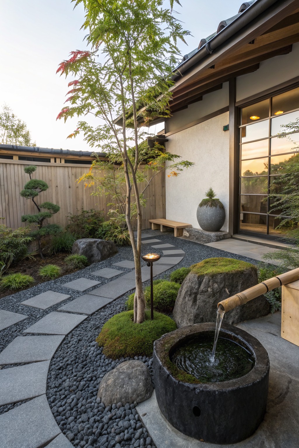 Japanese-style garden courtyard with a central tree surrounded by mossy rocks, gravel ground cover, stepping stone path, bamboo water fountain, bonsai trees, and wooden house exterior in the background.