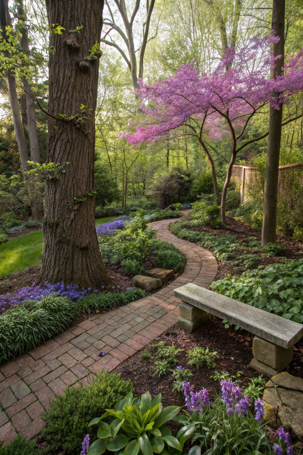 A curving red brick path runs through a wooded garden beside a large tree with purple hyacinth flowers planted at its base, surrounded by green shrubs, hostas, and a stone bench.