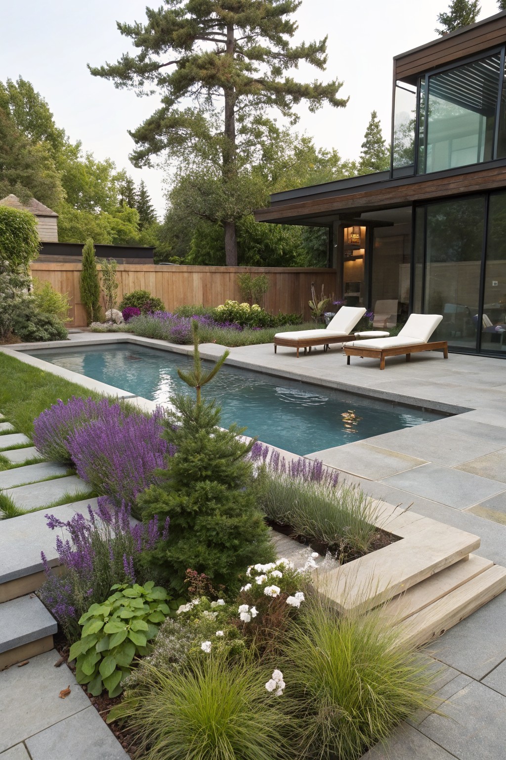 Narrow pool in backyard edged with purple lavender plants, ornamental grasses, a young pine tree, stone pavers and steps, white loungers, and a modern wood and glass house behind a wooden fence.