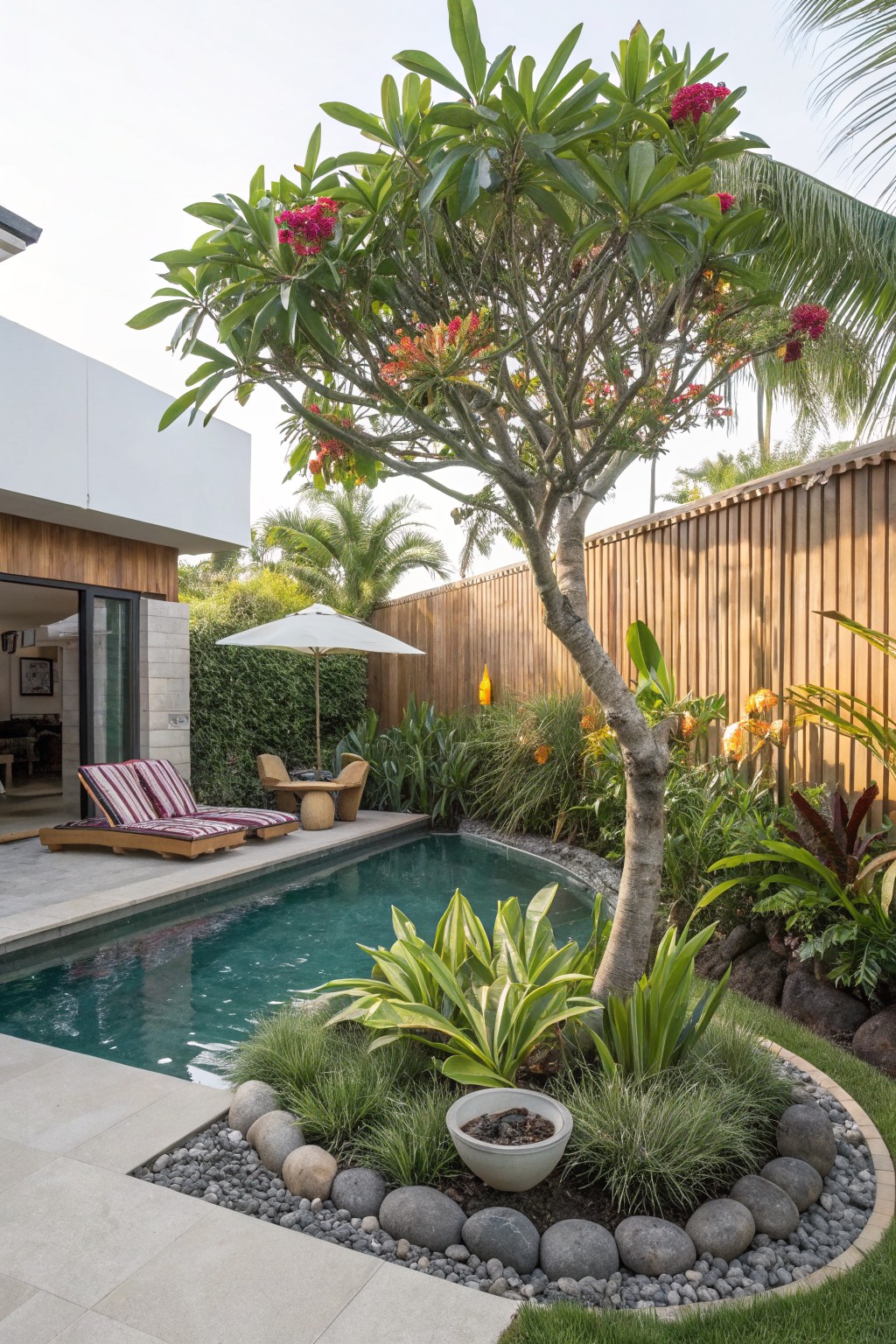 Curved turquoise pool edged with grasses, boulders, pebbles, and tropical plants around a central frangipani tree with red flowers, lounge chairs on tiled deck nearby, wooden fence, and modern house in background.