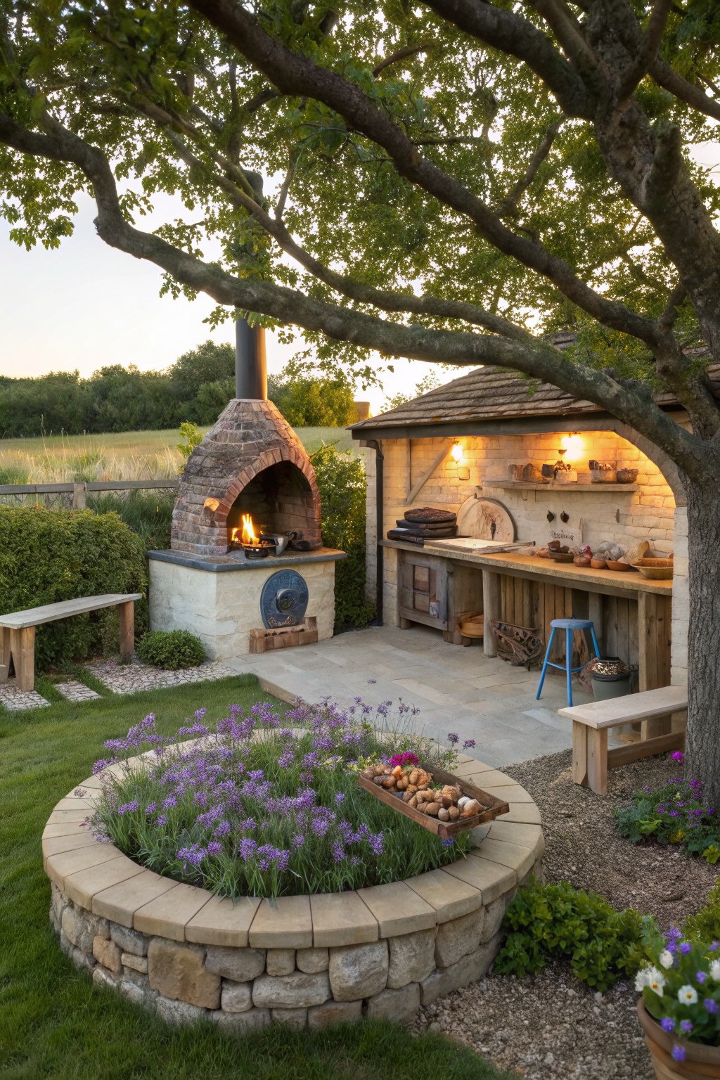 Outdoor kitchen area with brick pizza oven under a wooden shelter beside a tree, a circular stone planter filled with purple lavender flowers and bulbs on a grassy lawn with stone benches nearby.