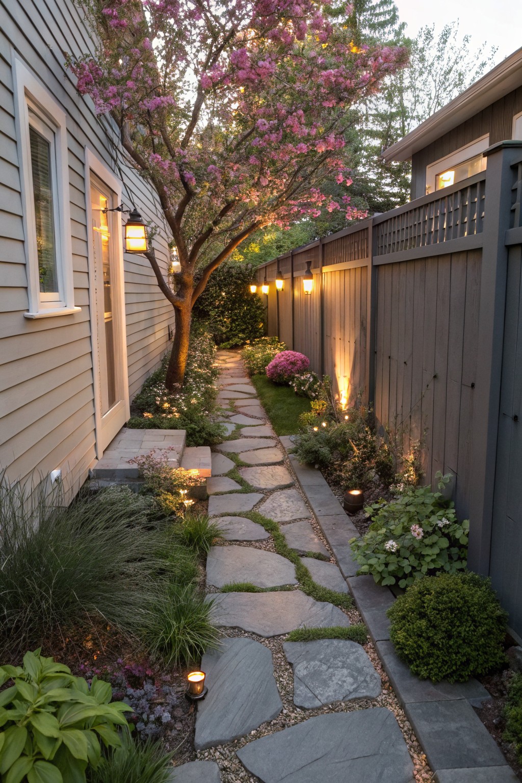 Narrow garden path of irregular gray stone slabs alongside a light gray house siding, lined with ornamental grasses, hostas, sedum, asters, and low shrubs, under a pink-flowering cherry tree, with a dark gray fence on the opposite side and several lantern-style lights.